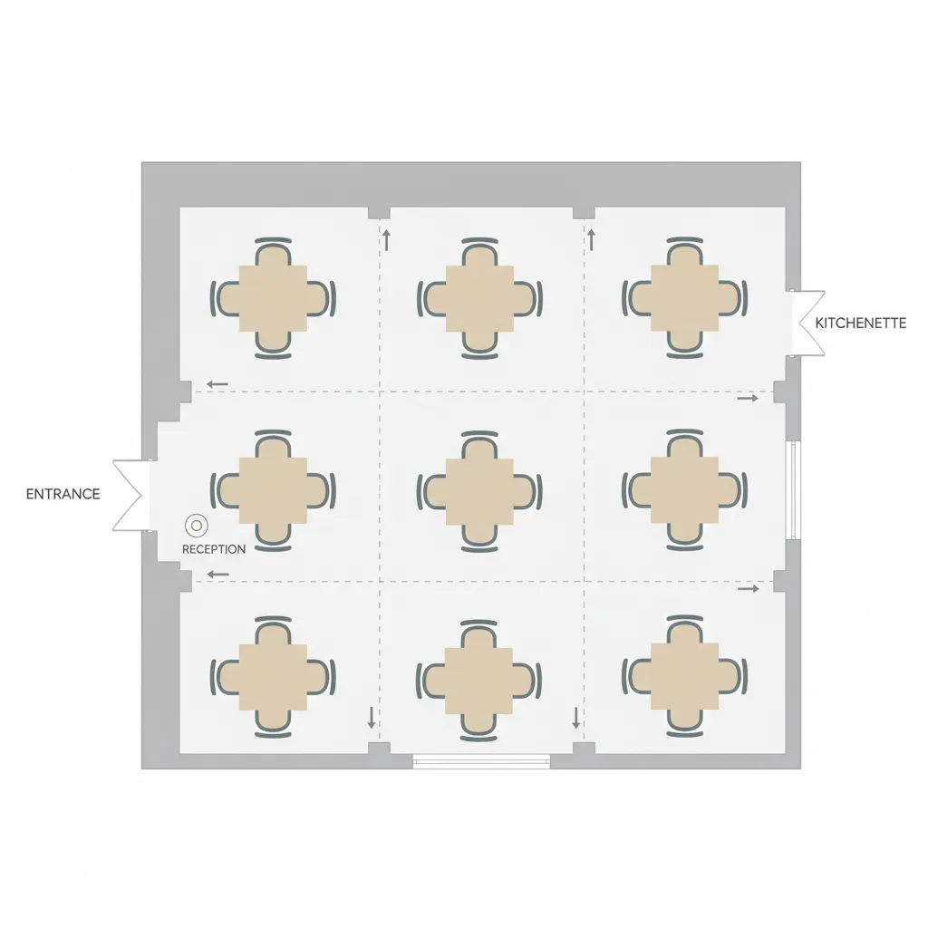 Top view dining room layout showing proper table spacing and walkways