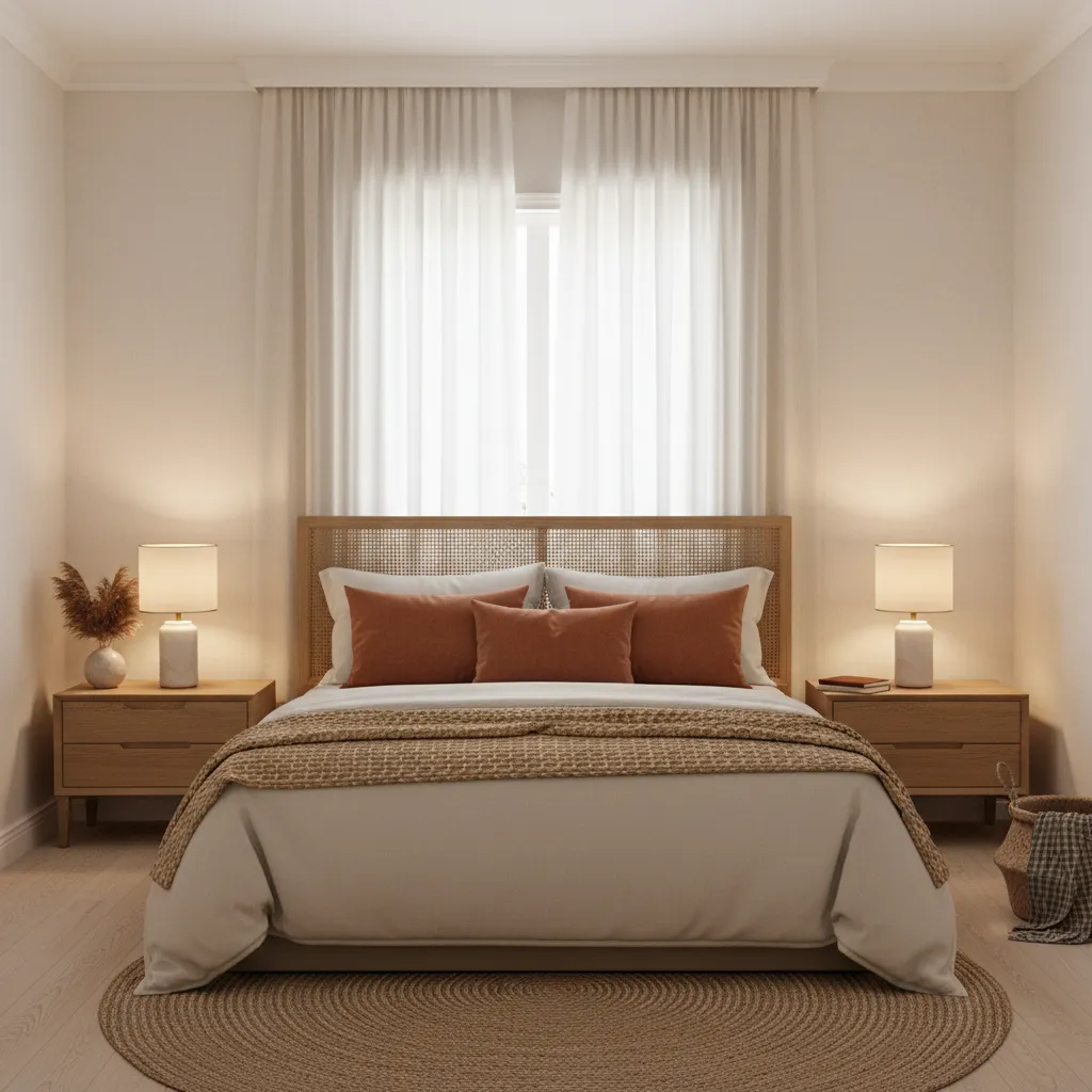 Guest bedroom with neutral palette and terracotta accent pillows