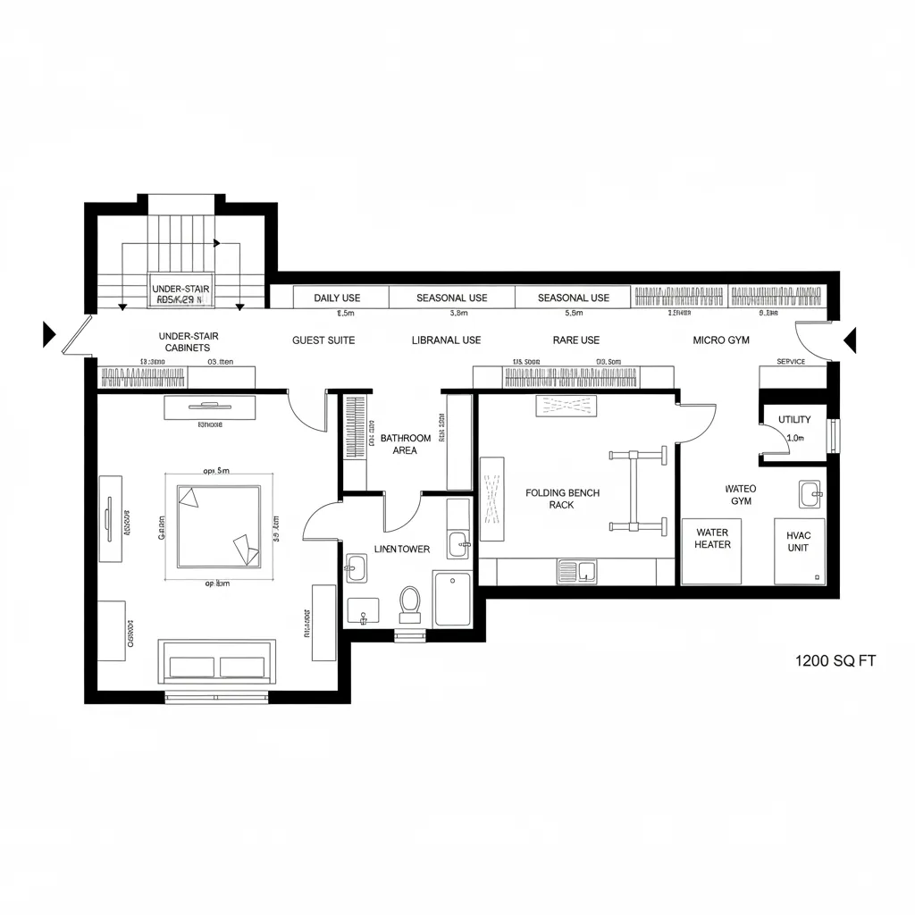 Top-down CAD plan with guest suite, adjacent bathroom, micro gym, and a library spine corridor