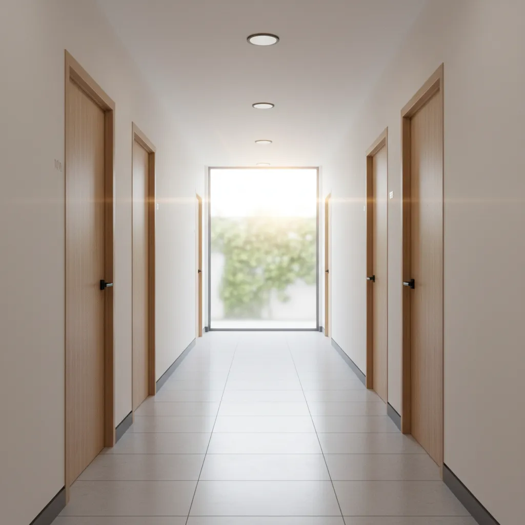 Hành lang nhà nghỉ với các phòng hai bên và ánh sáng tự nhiên