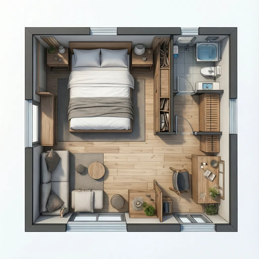 Sơ đồ bố trí phòng nhà nghỉ khoảng 20m2 với giường và phòng tắm