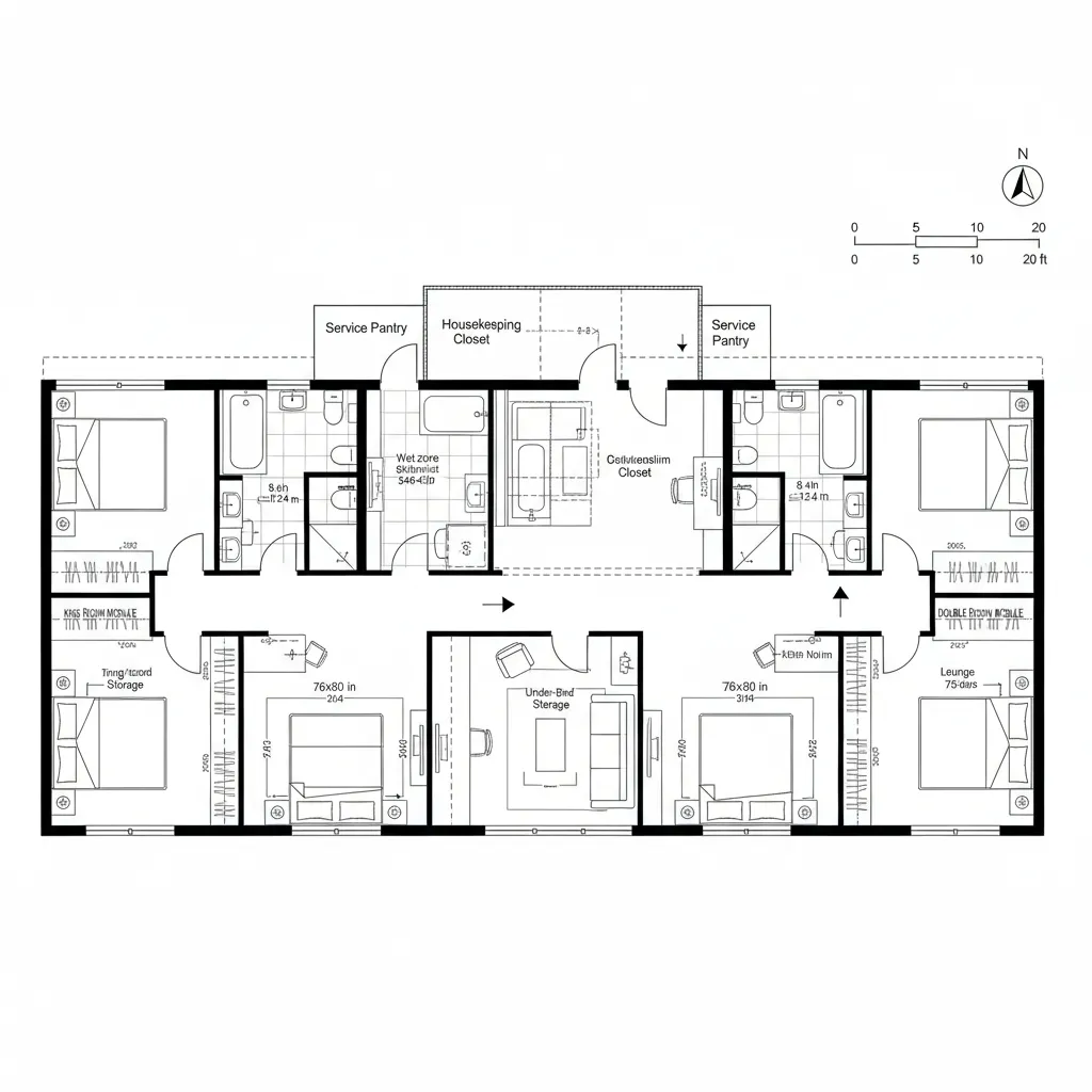 Interior design drawing of a hotel suite floor plan featuring four bedrooms and shared service areas