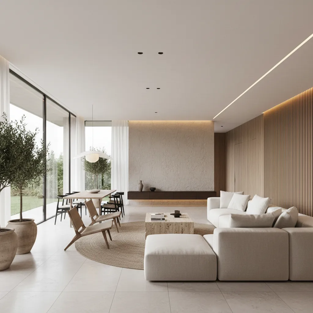 Minimalist living room featuring white sofa wooden wall panel dining table large windows and trees
