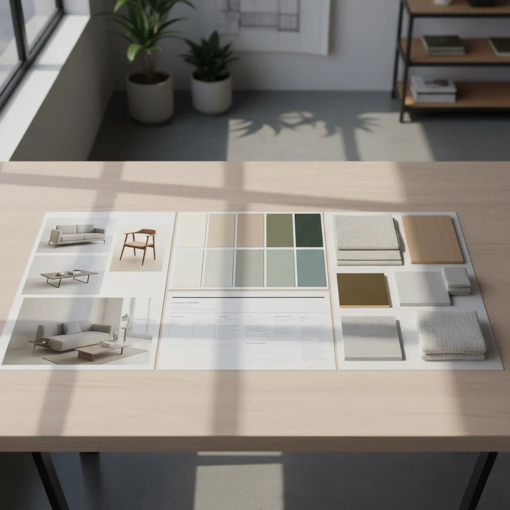 Ejemplo de guía visual de decoración con paleta de colores y mobiliario