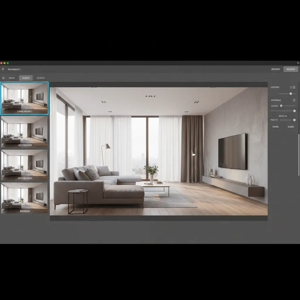 3D interior model showing preset camera viewpoints for presentation