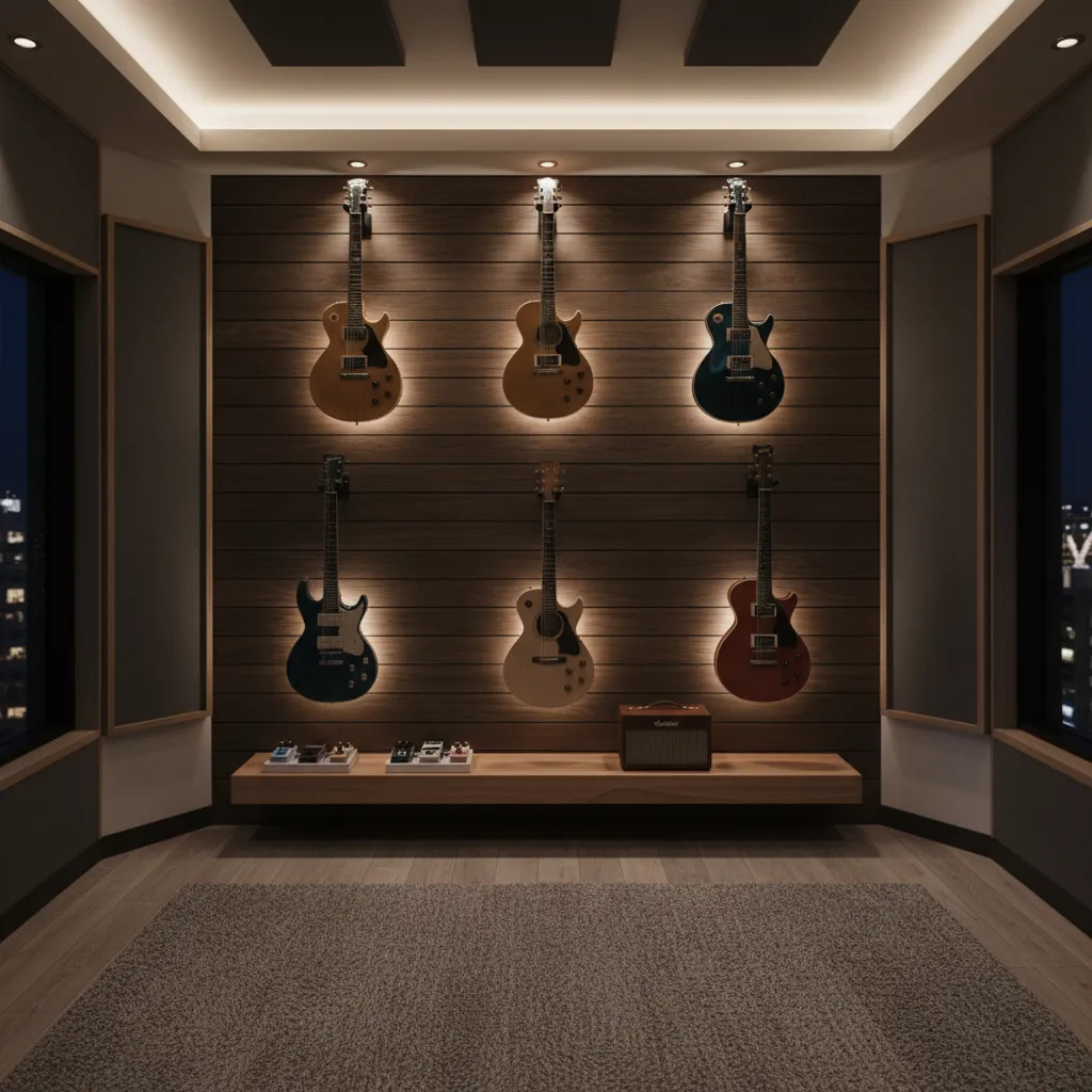 wall mounted guitars in modern studio decor