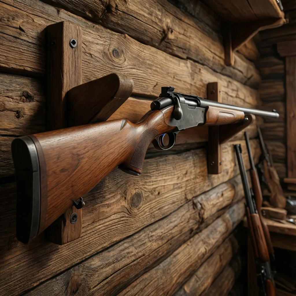Close view of secure wooden rifle rack mounted into wall studs