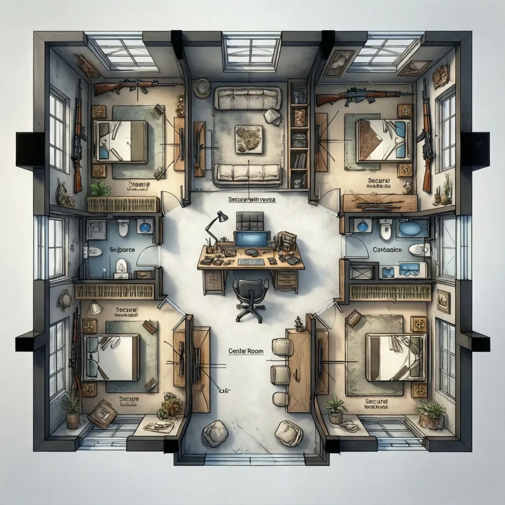 Simple floor plan showing security zones and storage areas in a gun room