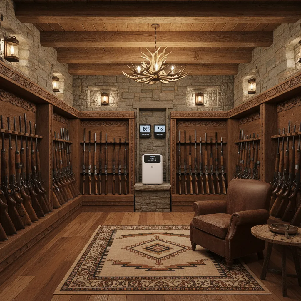 Gun room with dehumidifier and humidity monitor protecting firearms