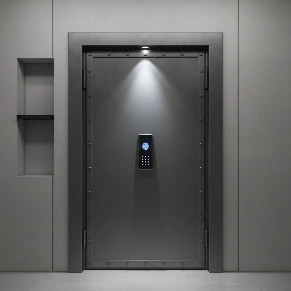 Reinforced gun room door with biometric lock and security keypad