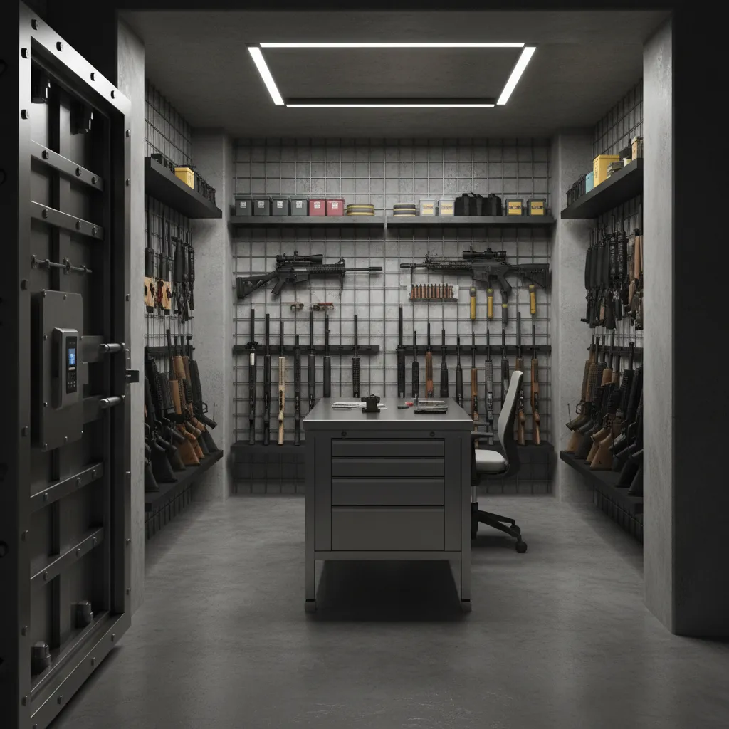 Gun vault room with reinforced walls and secure vault door
