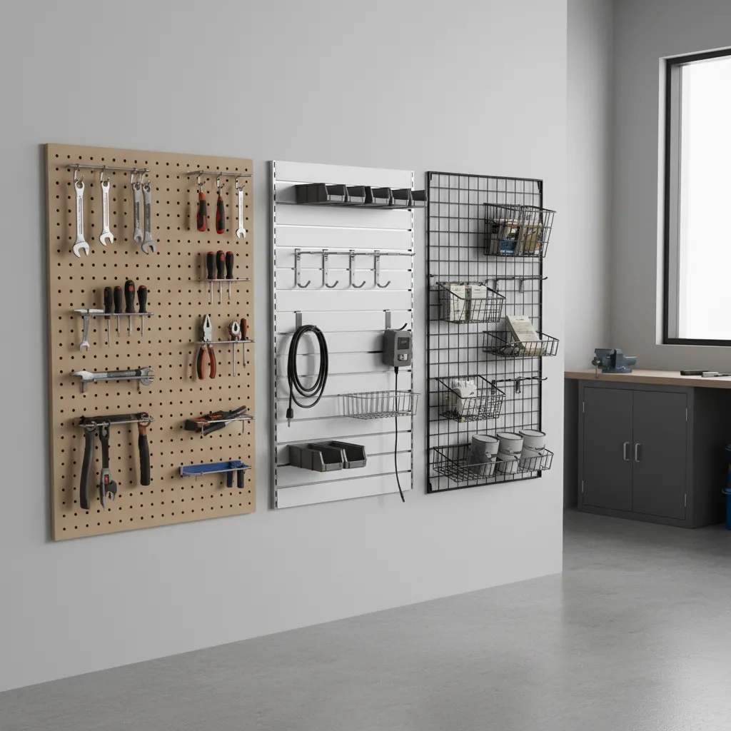 comparison of pegboard slatwall and metal grid panels used for firearm wall storage