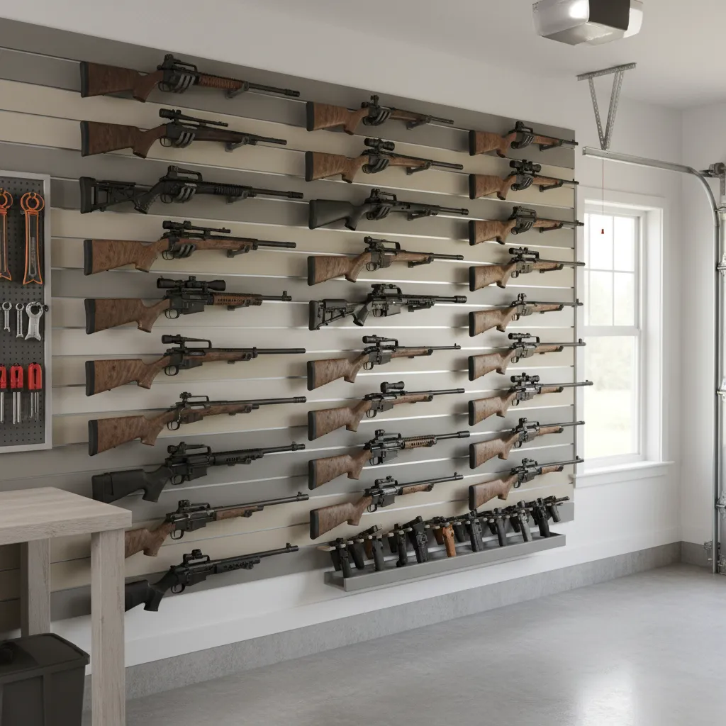 rifles mounted on rubber coated hooks on slatwall gun storage system