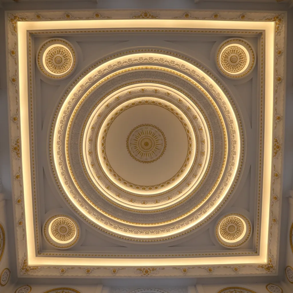 modern gurdwara dome ceiling with layered POP design and LED lighting