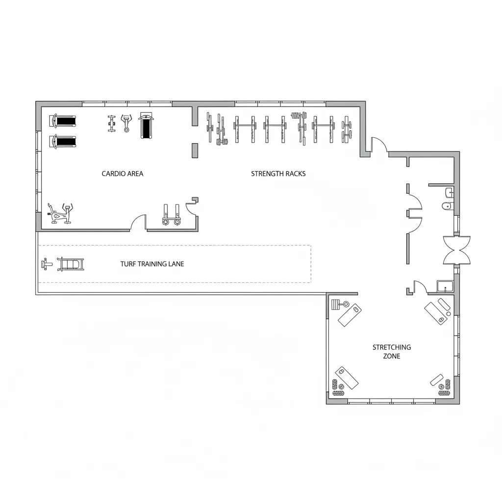 Simple gym floor plan showing cardio, strength, turf, and stretching zones