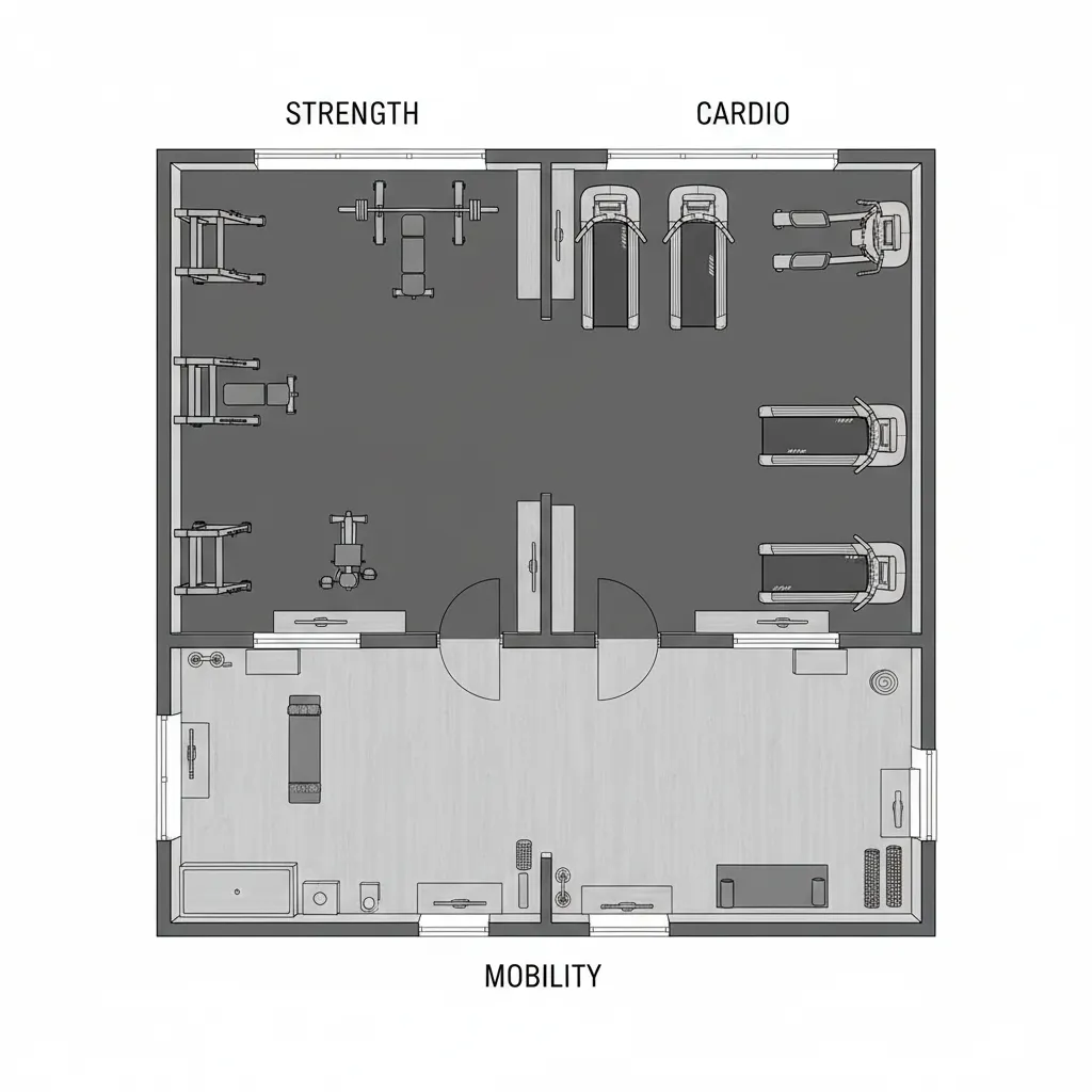 Top down gym floor plan diagram showing workout zones and equipment placement