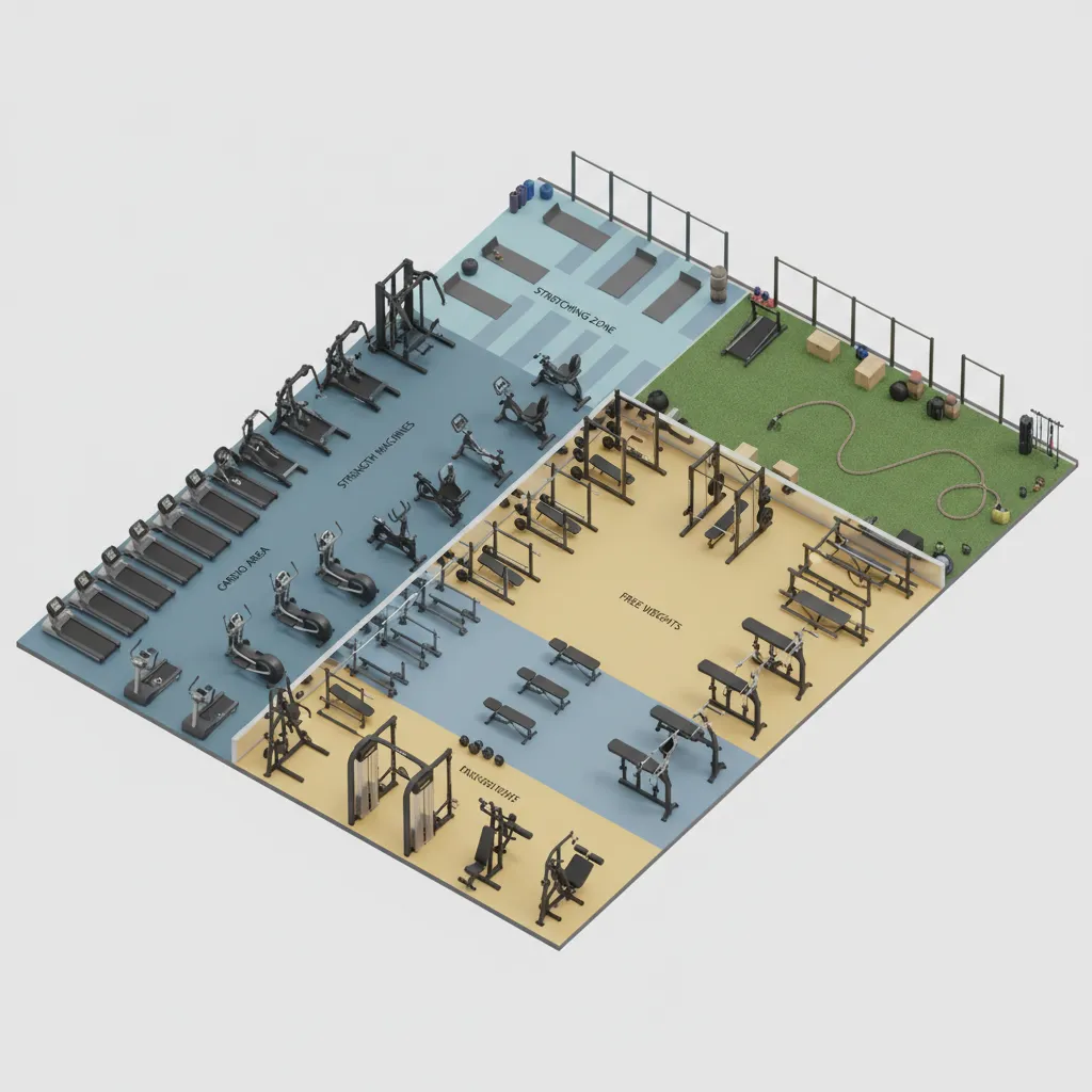 3D gym zoning layout showing cardio strength and functional training areas