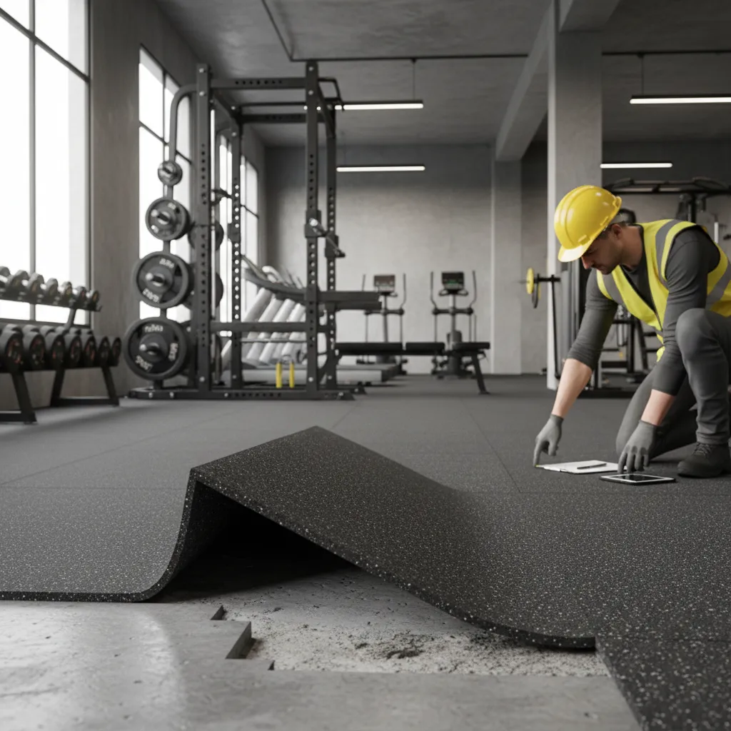 rubber gym floor tile edge lifting from concrete subfloor