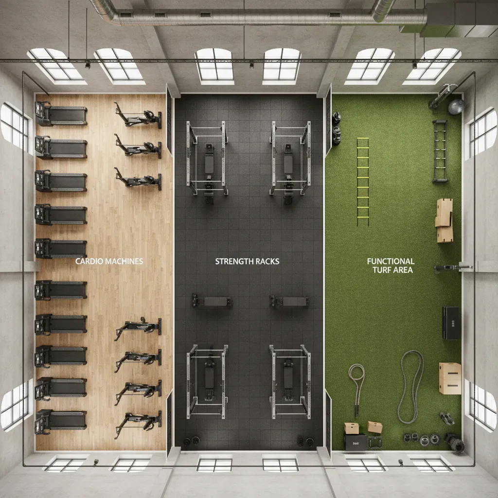 Gym layout plan highlighting flooring zones for cardio strength and functional training