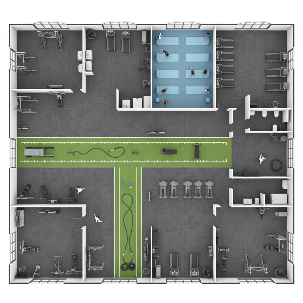 gym floor layout plan showing rubber, foam, and turf zones