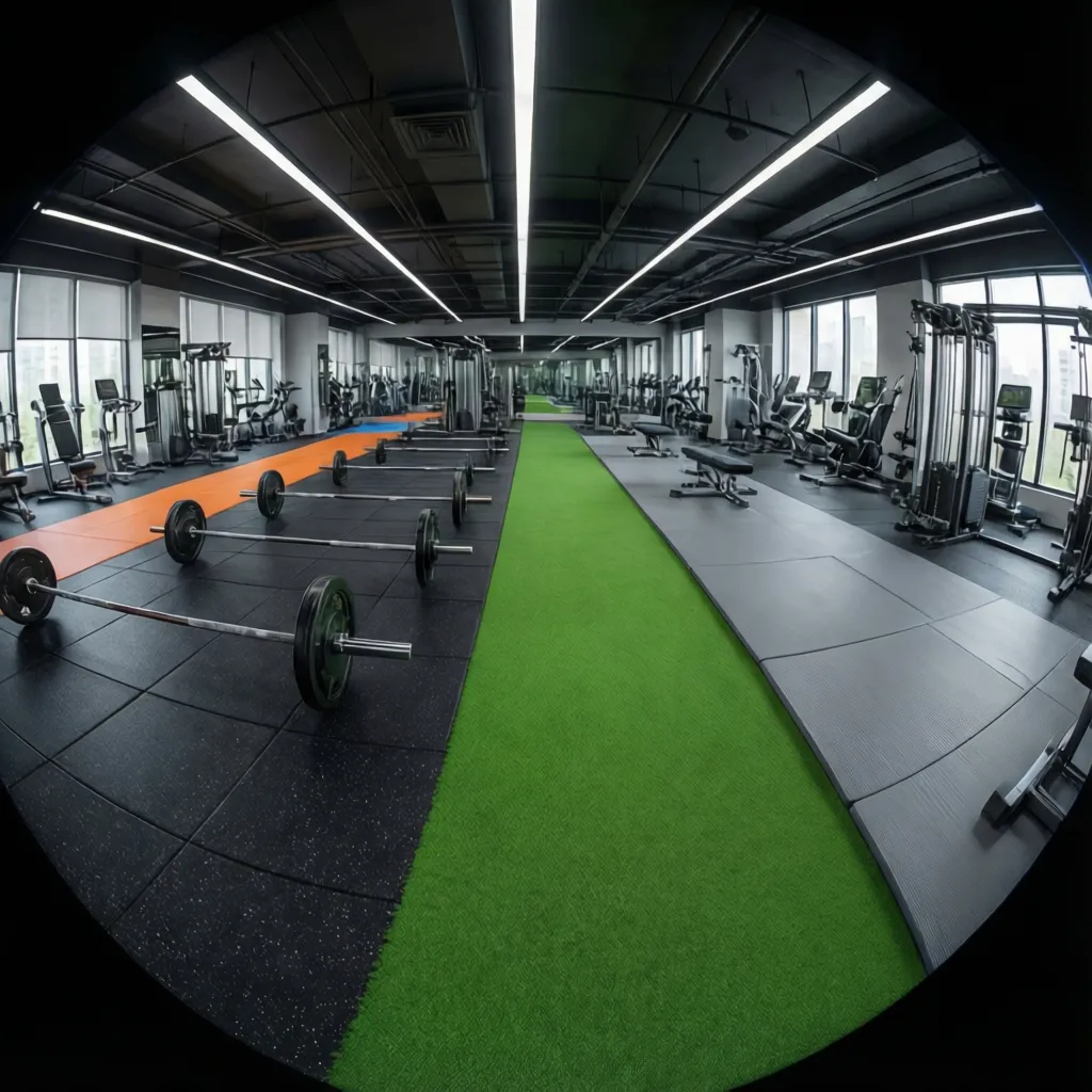 Gym flooring with color coded zones including rubber strength area and green turf functional training lane