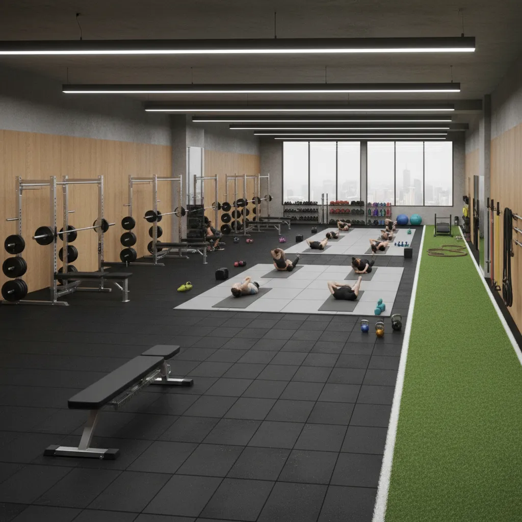 gym interior showing multiple workout zones with different flooring materials