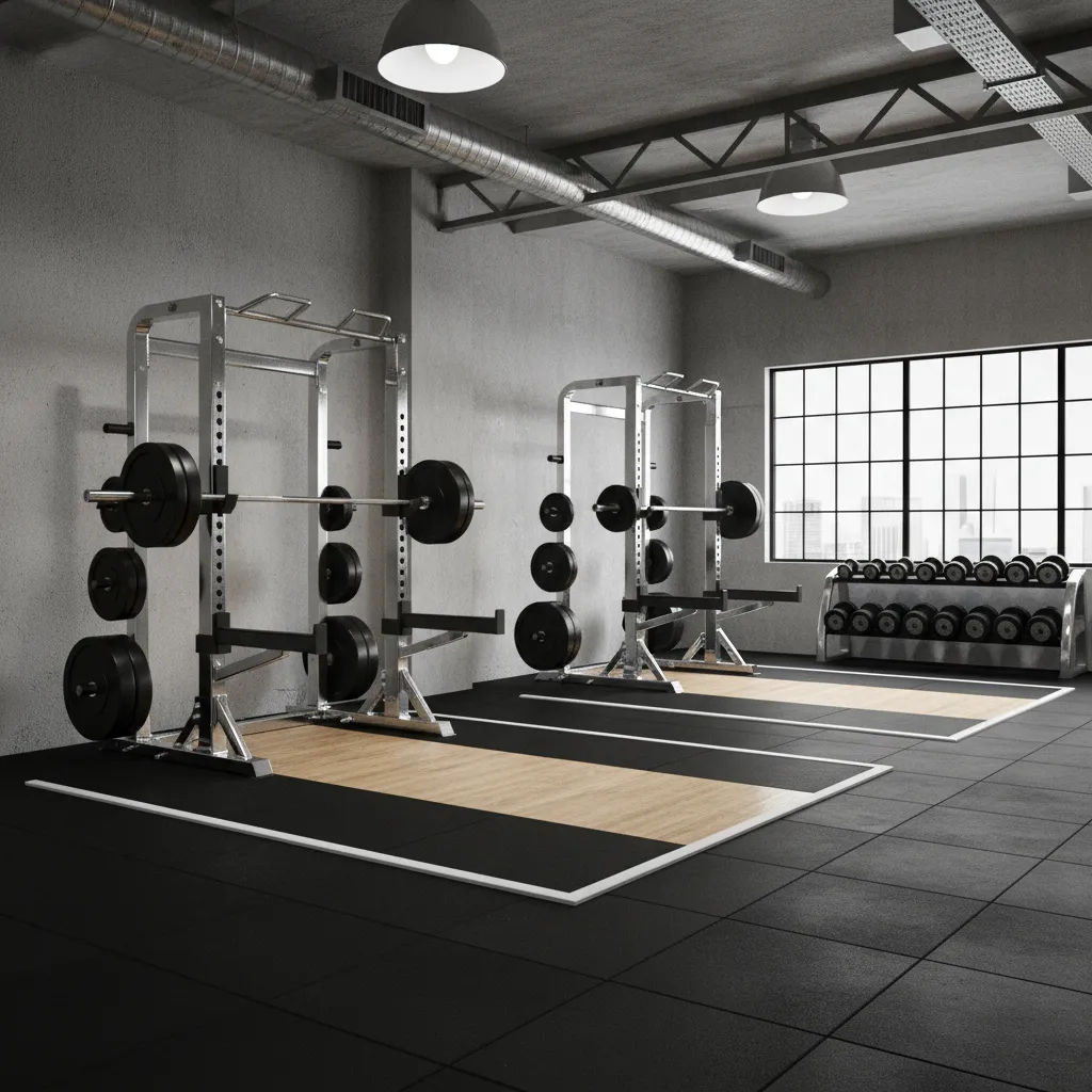 Weightlifting zone with thick rubber flooring and lifting platforms in a gym