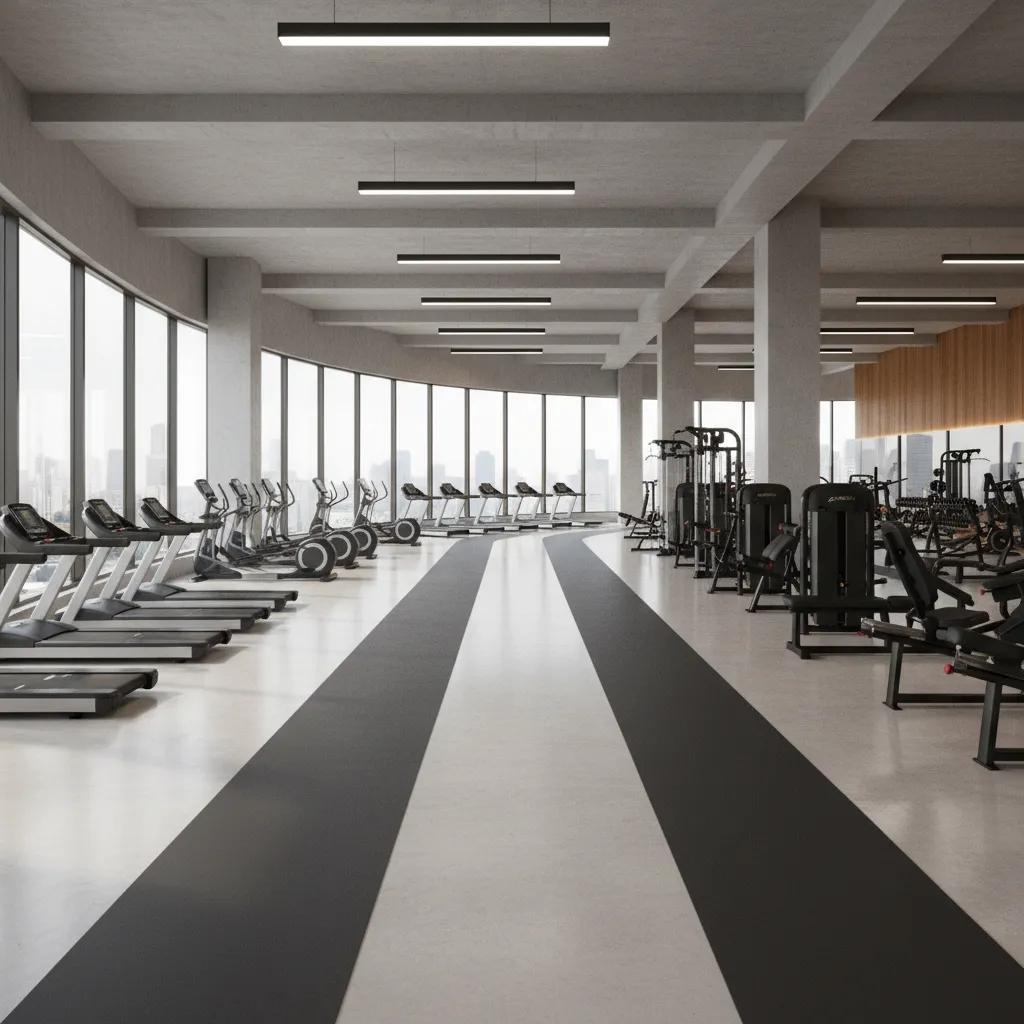 wide interior view of a modern gym showing organized cardio and strength zones