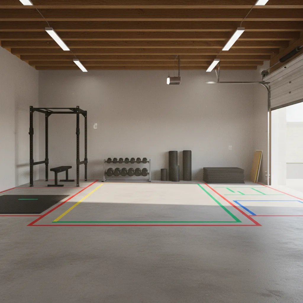 Garage gym floor marked with tape outlines showing equipment layout planning