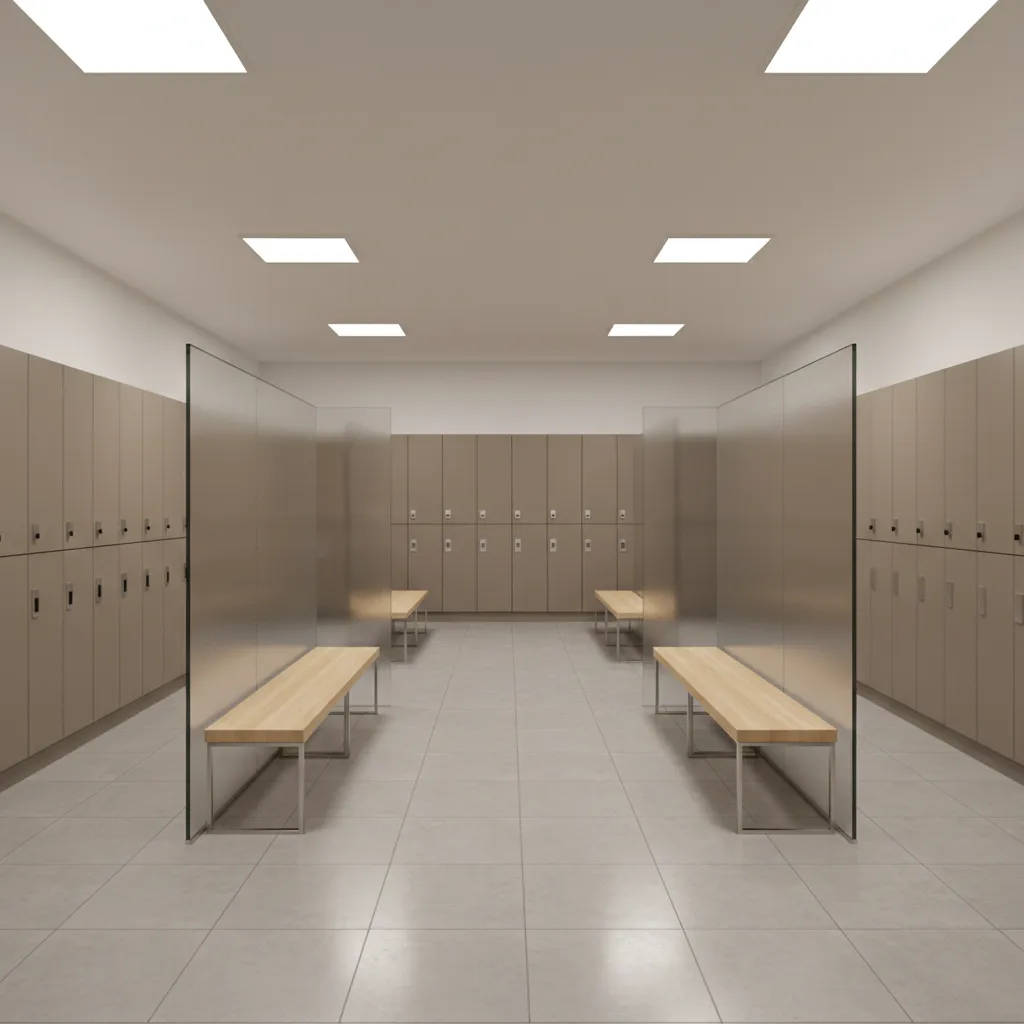 gym locker room interior showing privacy partition layout between changing areas