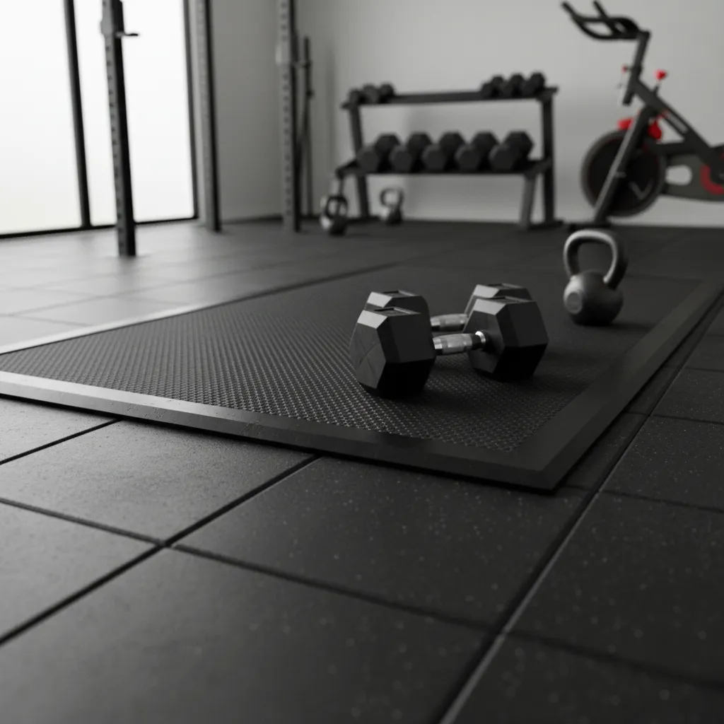 Detalle de suelo de caucho en gimnasio doméstico