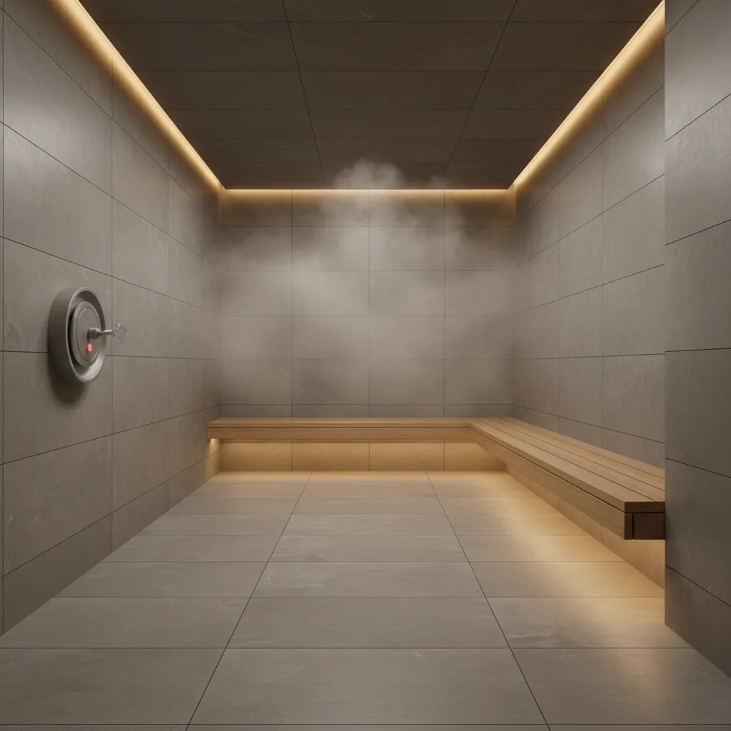 Commercial gym steam room with tiled benches and durable finishes