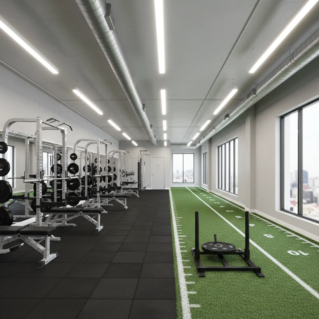 Gym interior showing clearly separated rubber flooring and turf zones