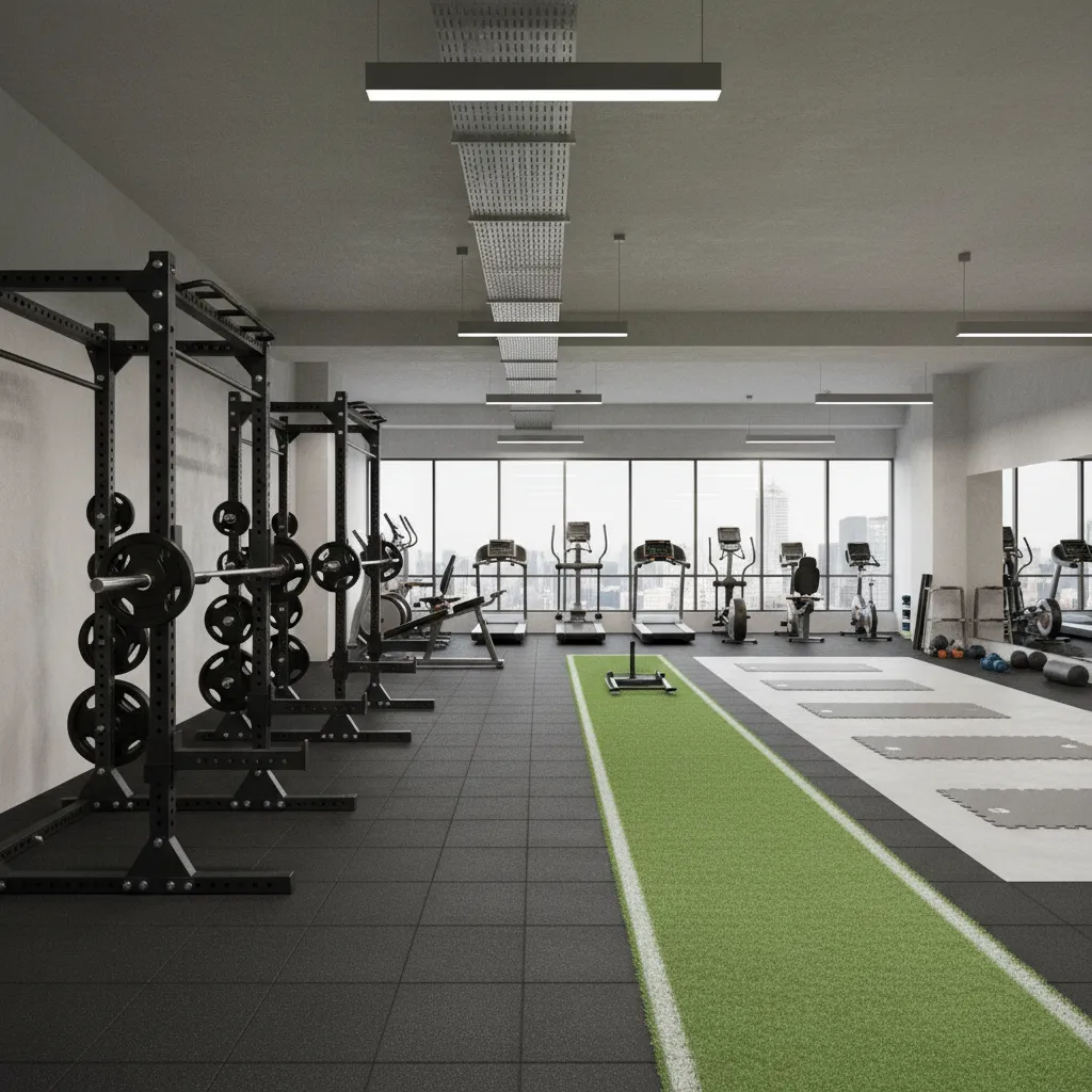 Gym interior showing multiple workout zones including strength racks, turf strip, and cardio machines