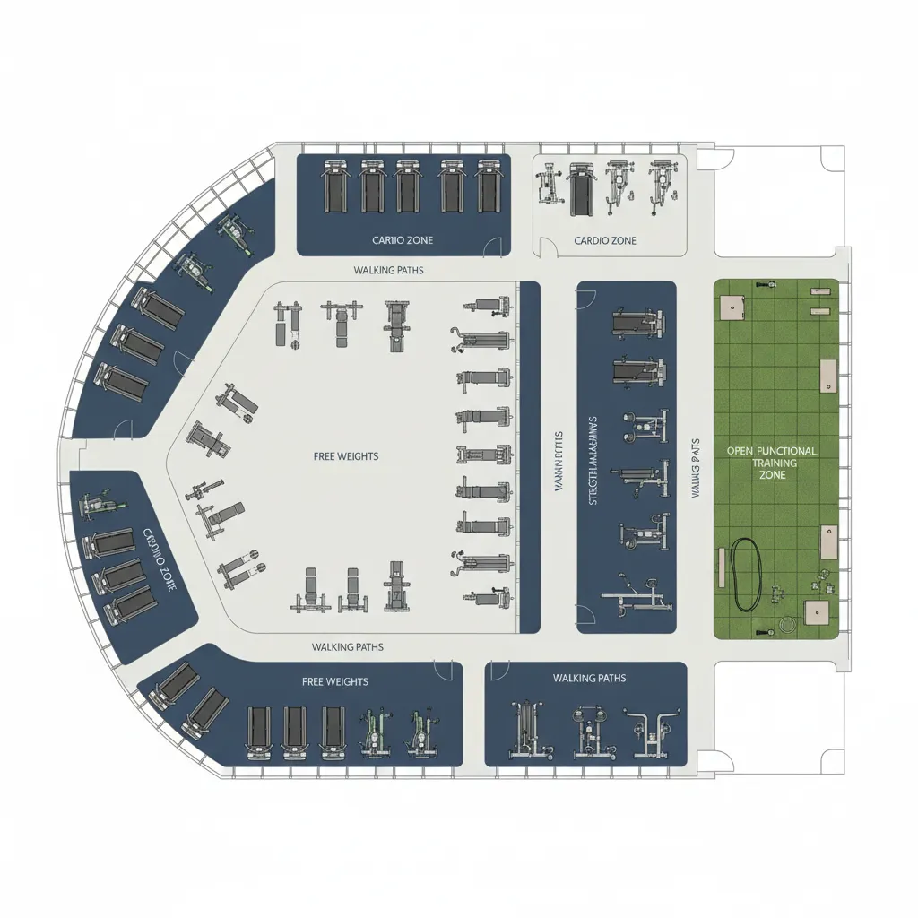 gym zoning layout showing cardio area strength zone and functional training space