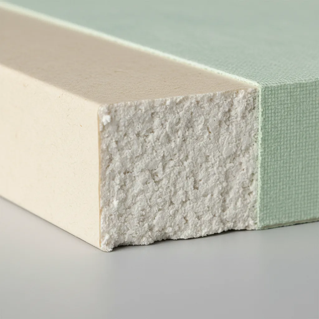 close up of gypsum board edge and material layers showing moisture resistant core structure