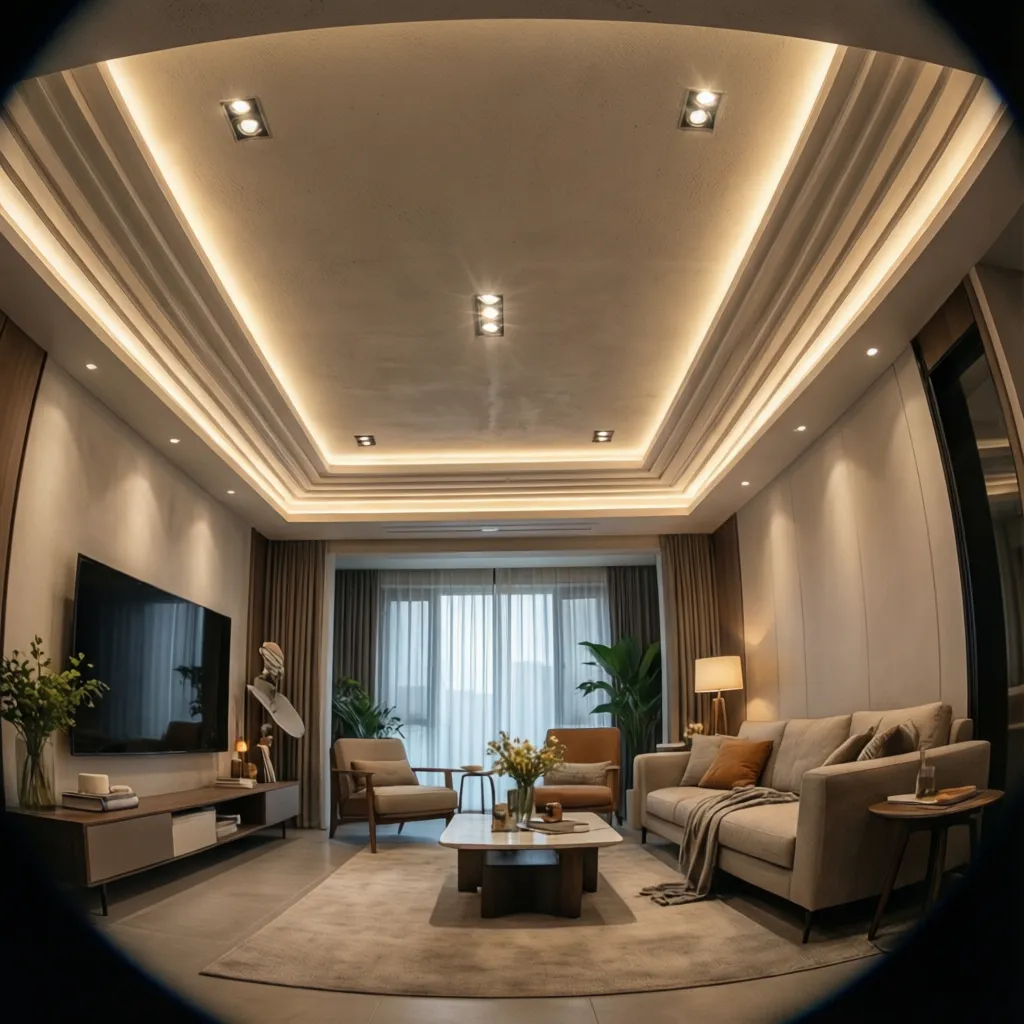 living room gypsum ceiling lighting layout with recessed lights and LED strips