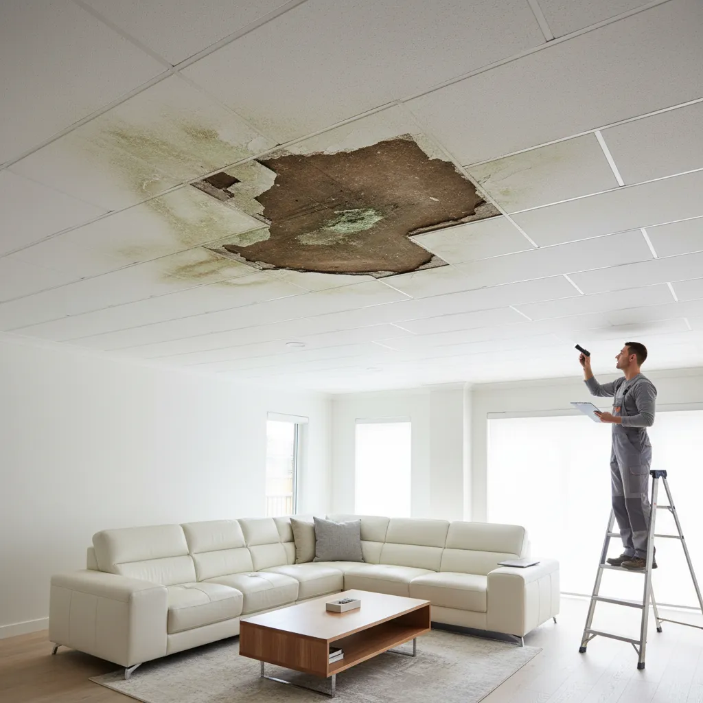 Gypsum false ceiling showing water stain and moisture damage
