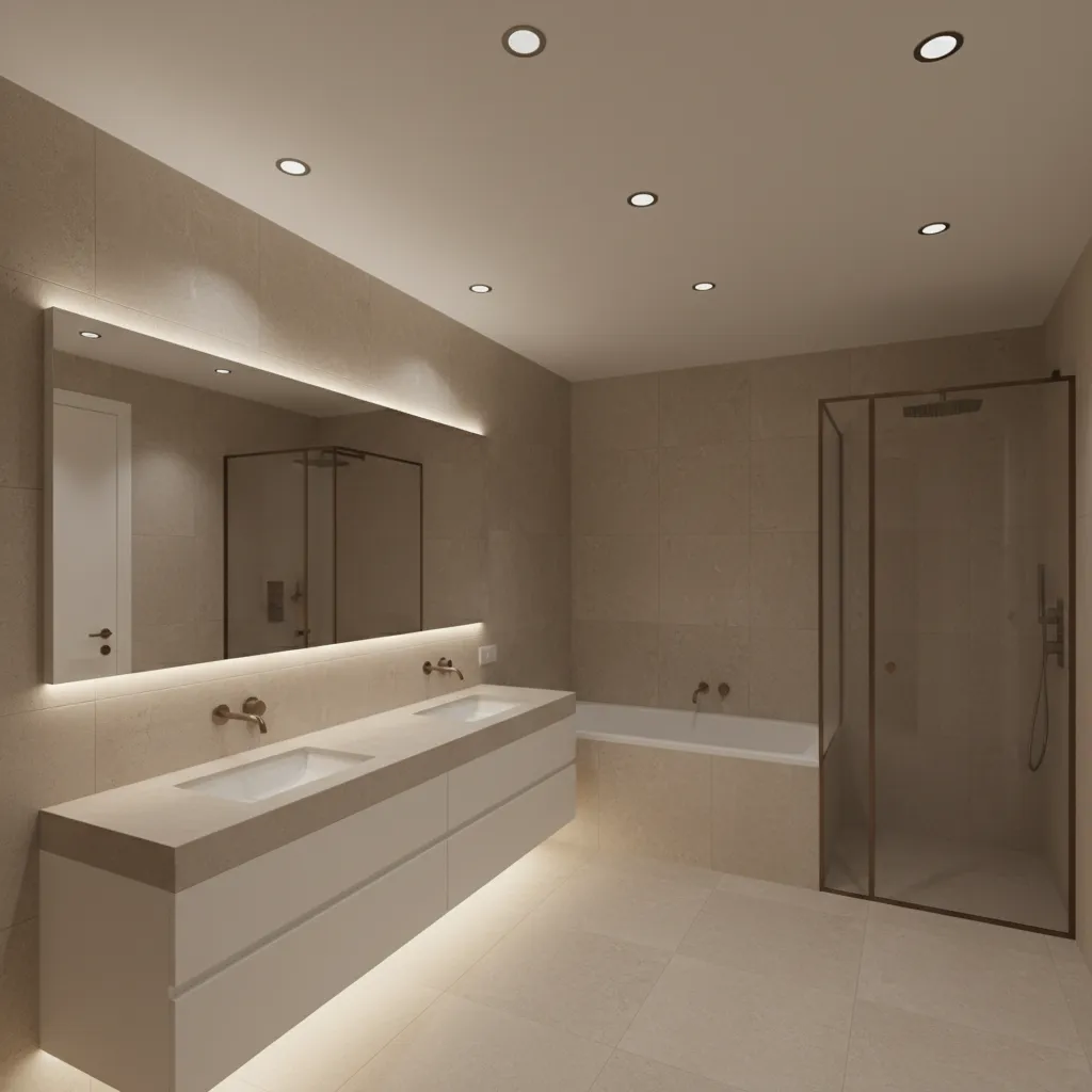 Minimalist gypsum board ceiling with recessed lights in modern bathroom