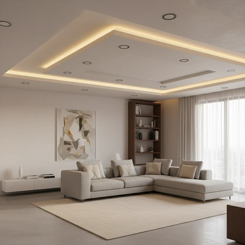 gypsum false ceiling with LED cove lighting in modern flat living room