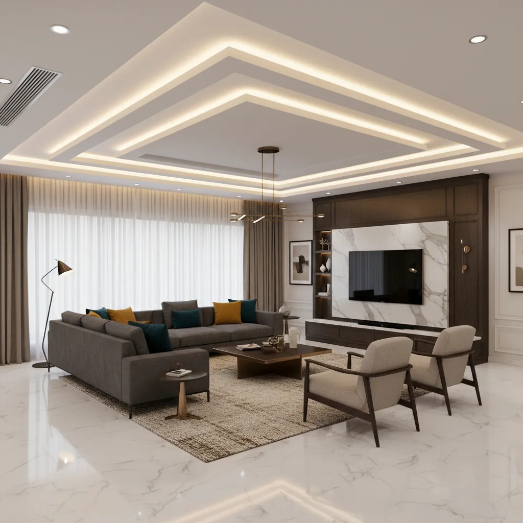 Gypsum false ceiling with LED lighting in modern Pakistani living room