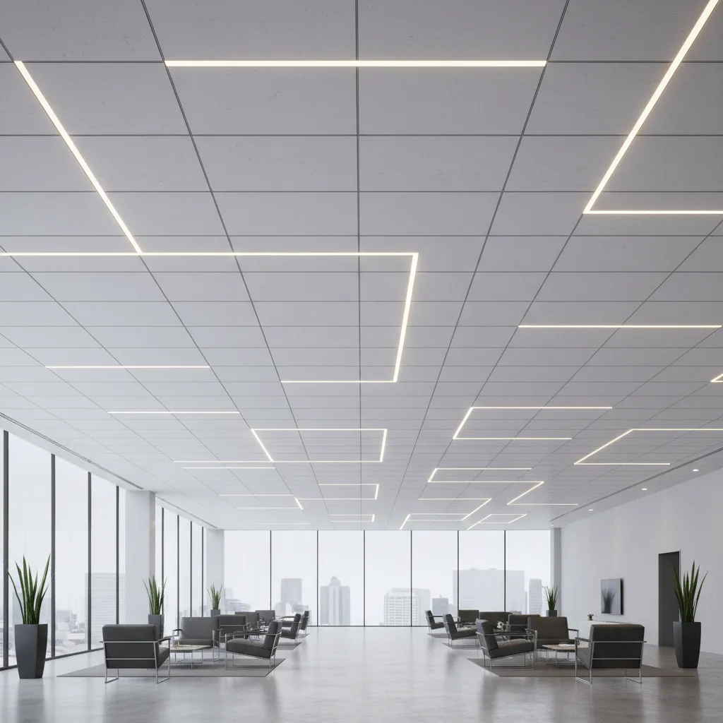 Modern gypsum board ceiling grid with recessed lighting in a large hall