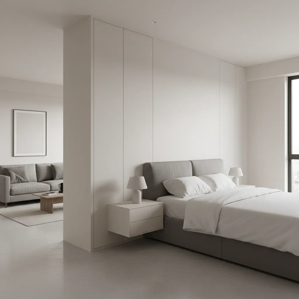 Gypsum partition wall creating bedroom in studio apartment