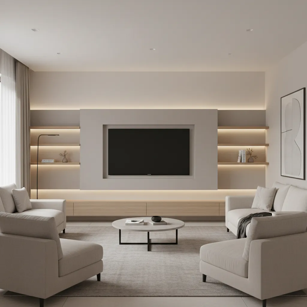 modern gypsum TV feature wall with shelves and hidden lighting