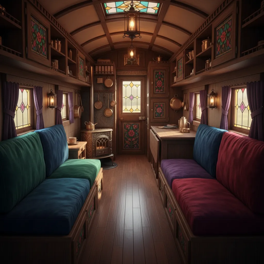 compact caravan interior showing built in benches cabinets and narrow walkway