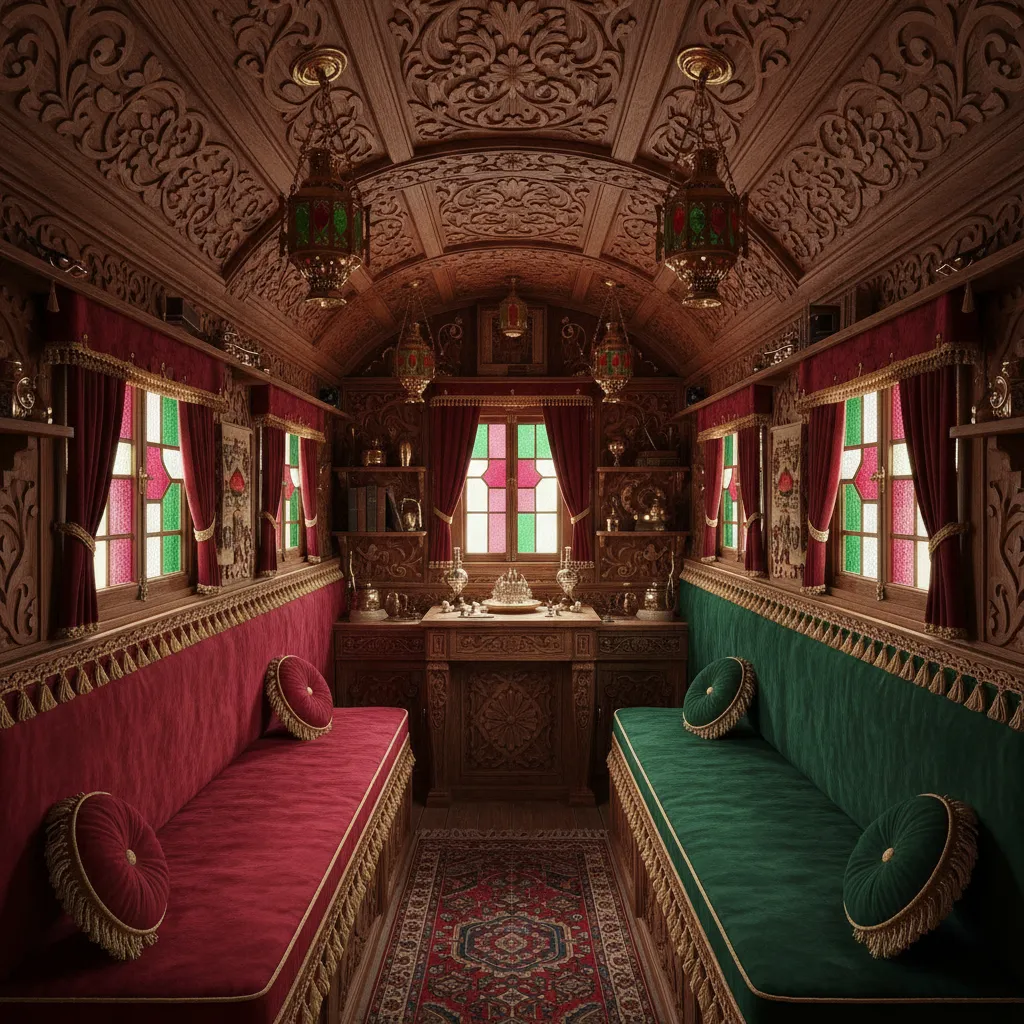 ornate gypsy caravan interior with jewel tones carved wood and velvet seating