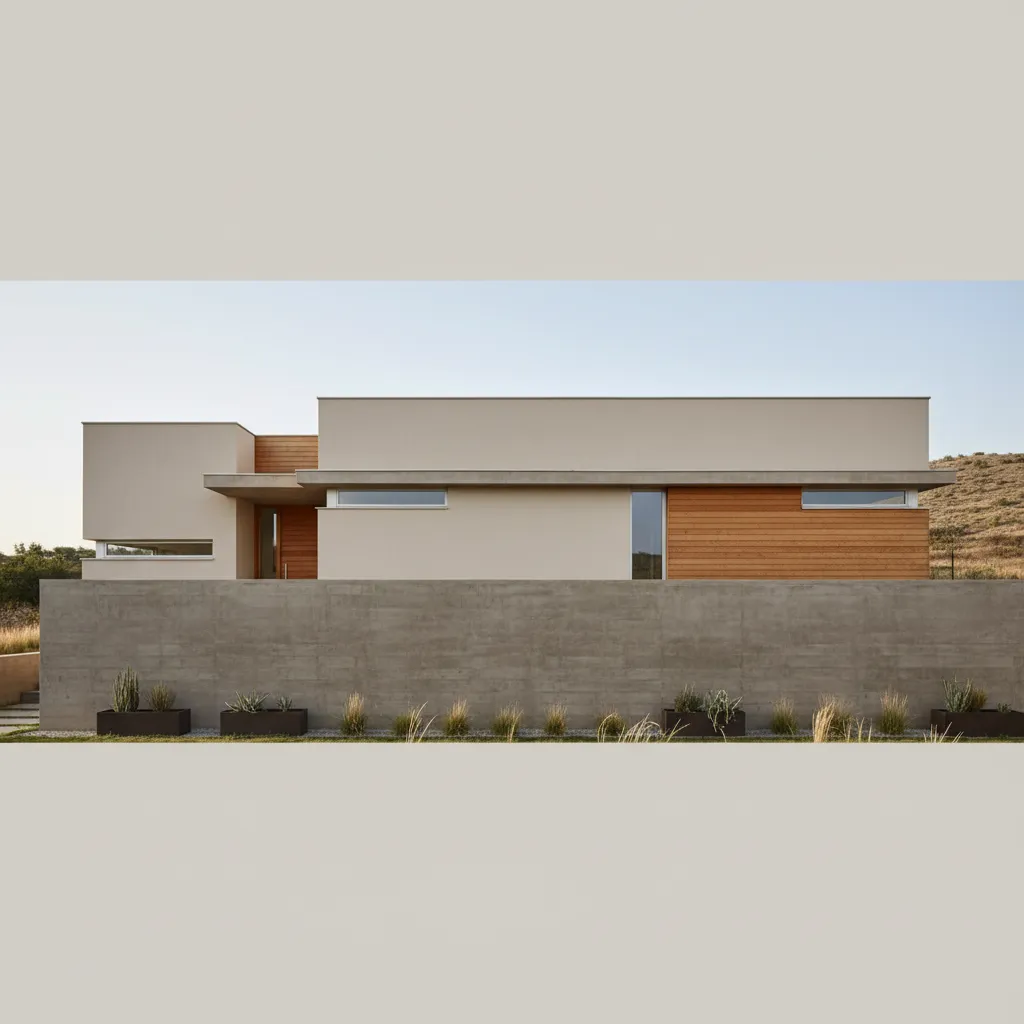 Stepped single-story facade with a continuous stone plinth and lighter recessed upper volume.