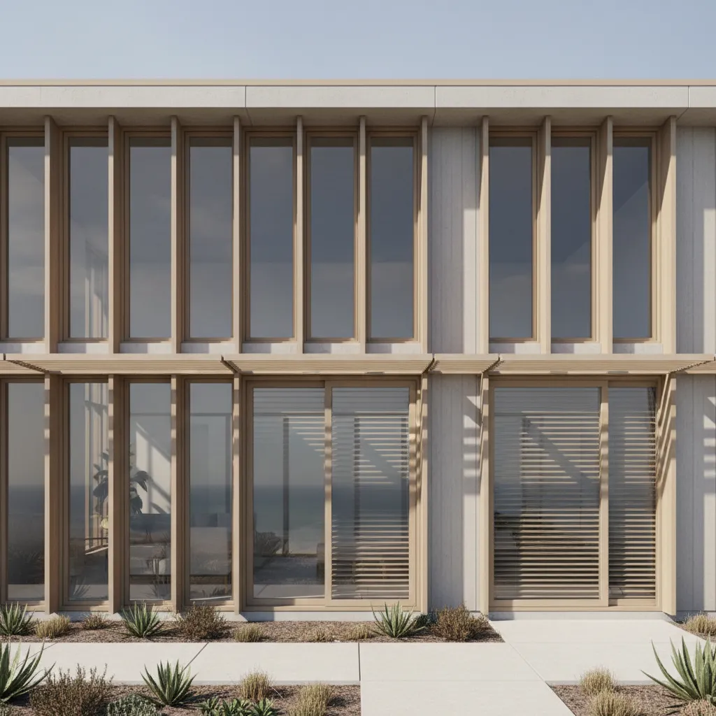 Modern single-story facade with proportioned windows, deep overhangs and adjustable louvers casting precise shade.