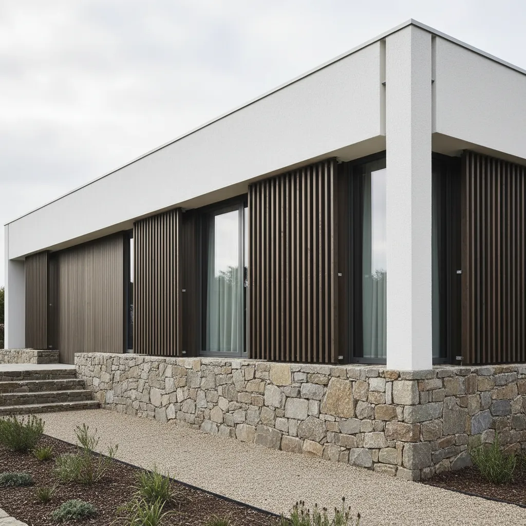 Single-story facade with mineral render, stone plinth and wood screens, featuring aligned joints and clean detailing.