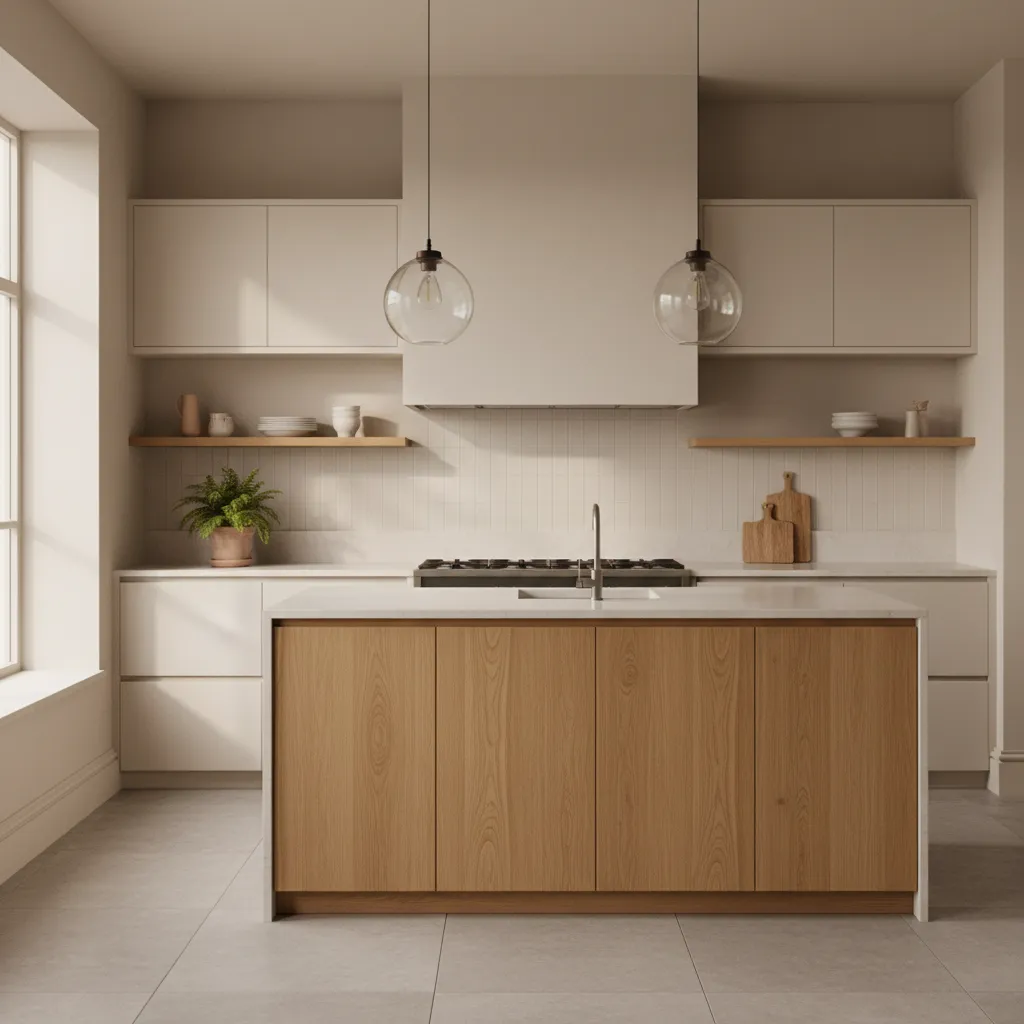 Neutral, coherent kitchen with integrated pulls and balanced materials creating a quiet visual field